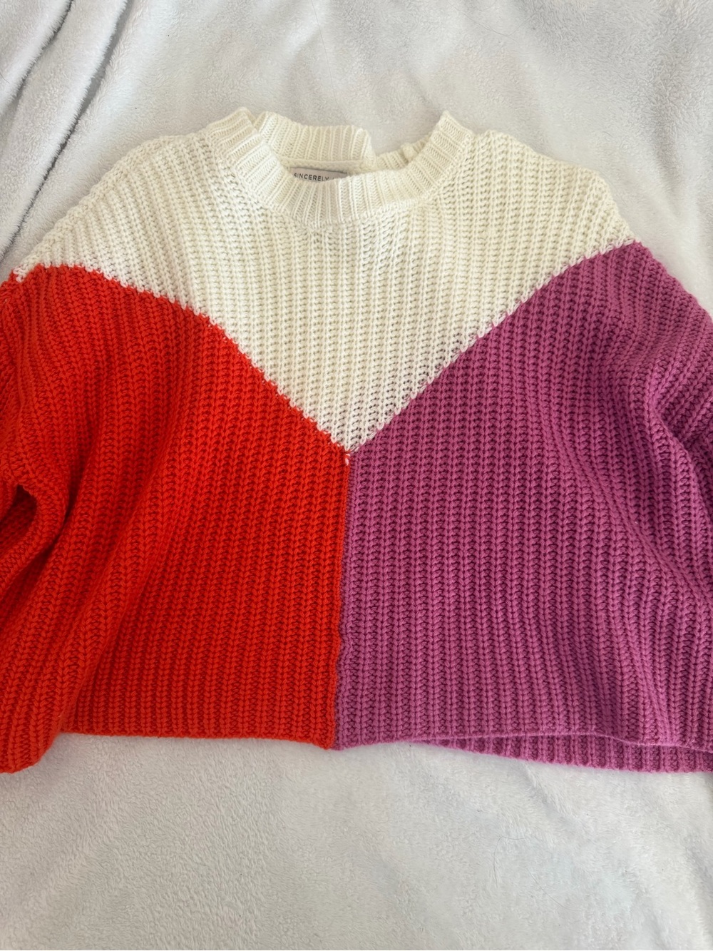 Sincerely Jules Colorblock Crewneck Sweater in White, Red & Purple